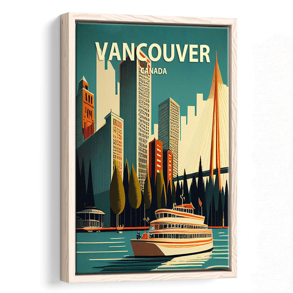 Vancouver Retro Art Print, Large Canvas, Framed Canvas Print Wall Art Home Decor, Floating Frame