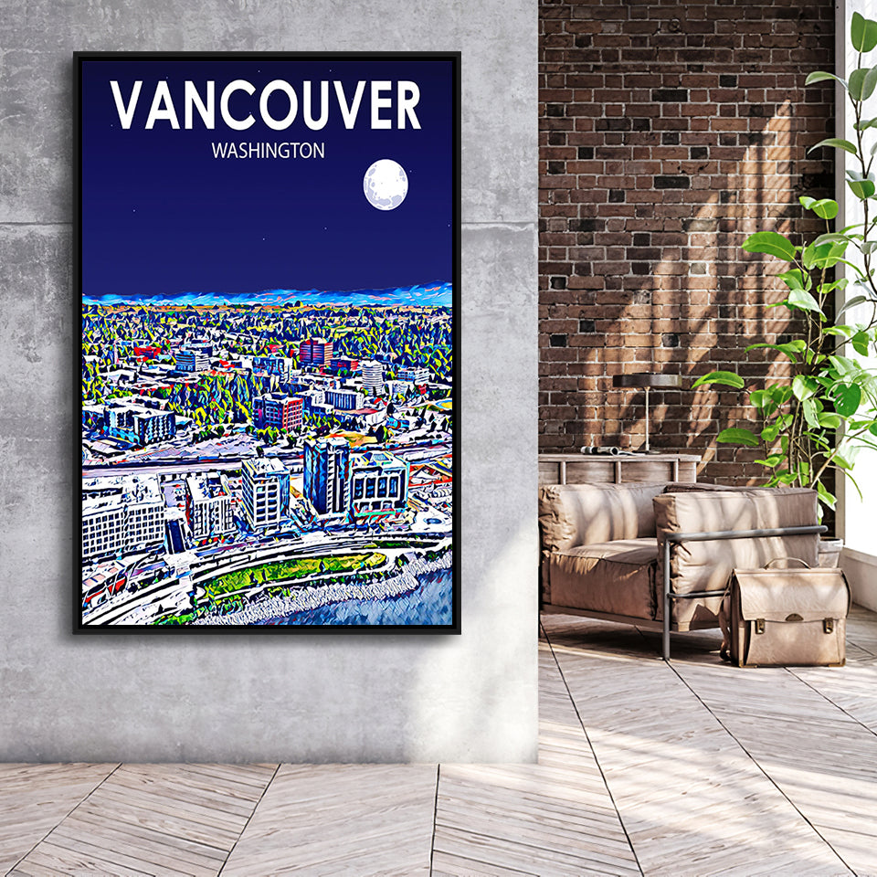 Vancouver Washington Night Landscape, Large Canvas, Framed Canvas Print Wall Art Home Decor, Floating Frame