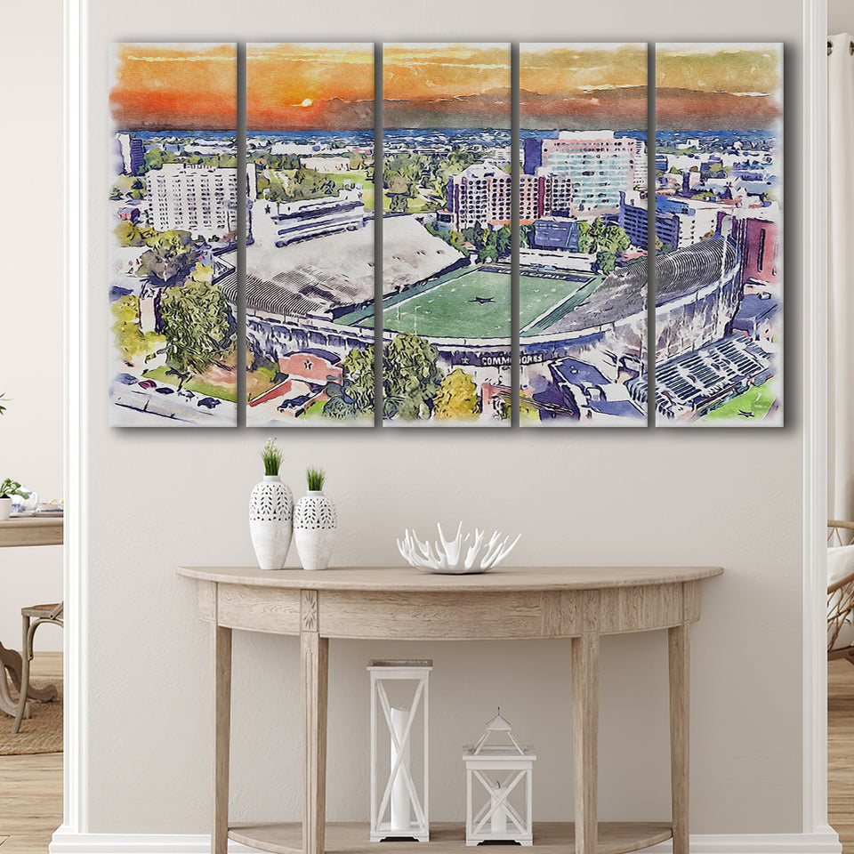 Vanderbilt Commodores Stadium at Dudley Field Watercolor, 5 Pieces B, Multi Panel Canvas Prints Wall Art Decor