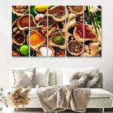 Various herbs and spices on wooden table 5 Pieces Canvas Prints Wall Art - Painting Canvas, Multi Panels, Wall Decor