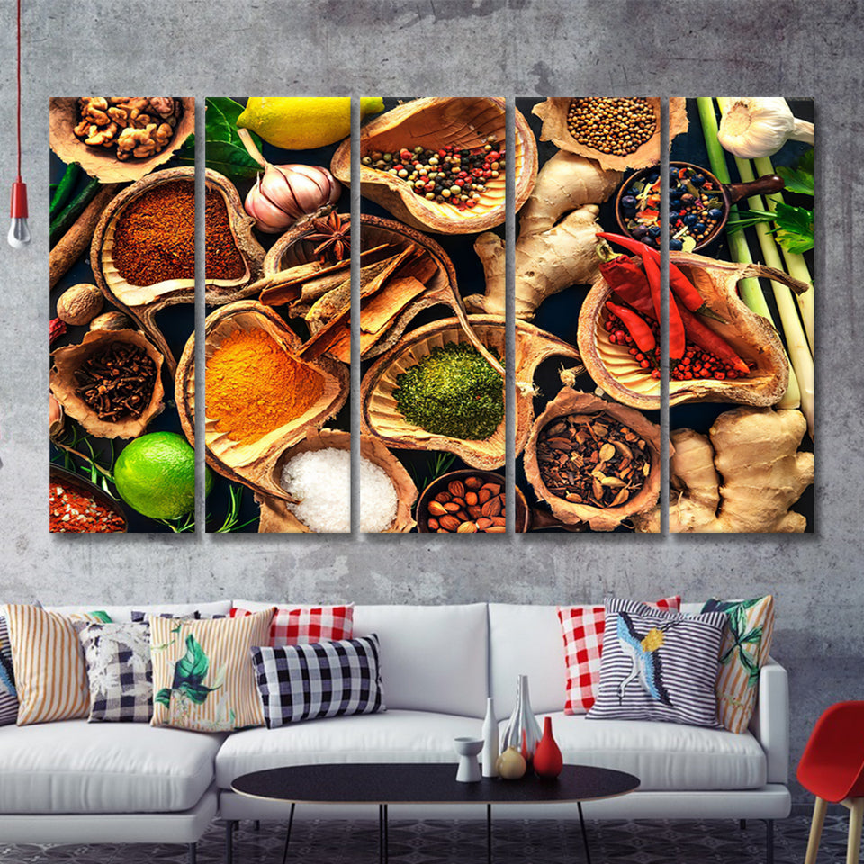 Various herbs and spices on wooden table 5 Pieces Canvas Prints Wall Art - Painting Canvas, Multi Panels, Wall Decor