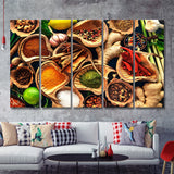 Various herbs and spices on wooden table 5 Pieces Canvas Prints Wall Art - Painting Canvas, Multi Panels, Wall Decor