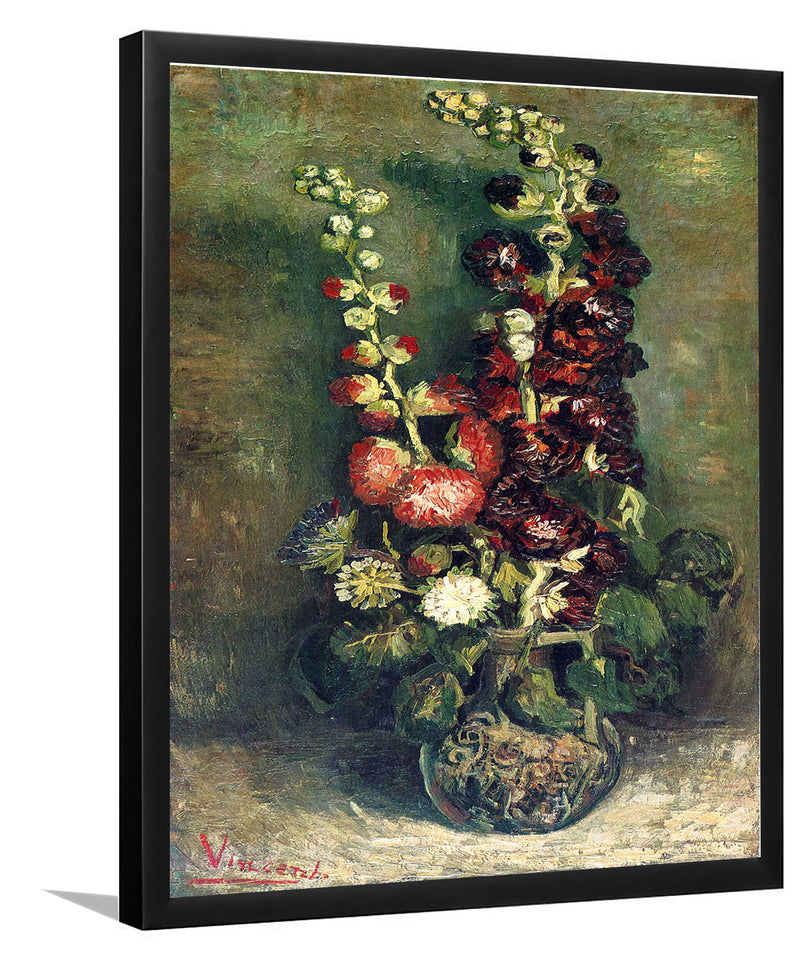 Vase With Hollyhocks By Vincent Van Gogh-Art Print,Frame Art,Plexiglass Cover