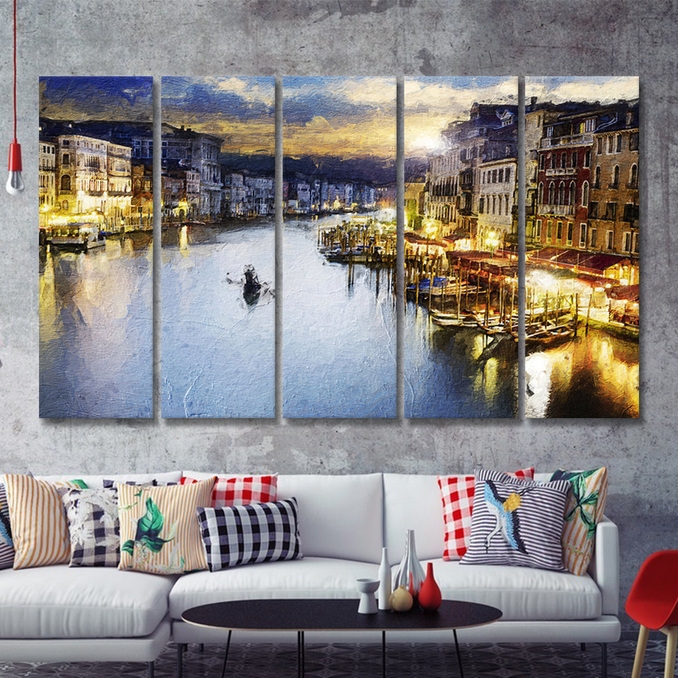 Venice City at Night 5 Piece B Canvas Prints Wall Art Decor - Painting Canvas, Multi Panels