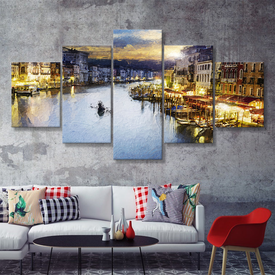 Venice City at Night 5 Piece Canvas Prints Wall Art Decor - Painting Canvas, Multi Panels