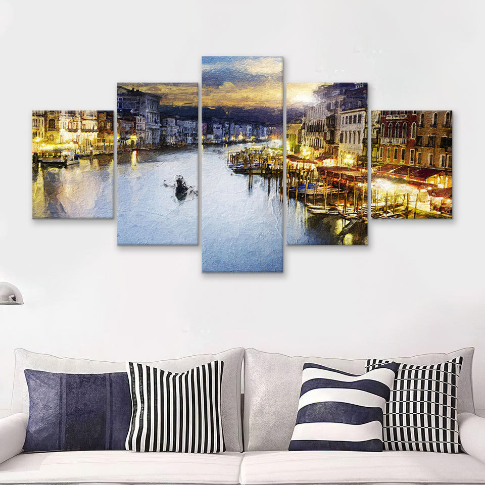 Venice City at Night 5 Piece Canvas Prints Wall Art Decor - Painting Canvas, Multi Panels