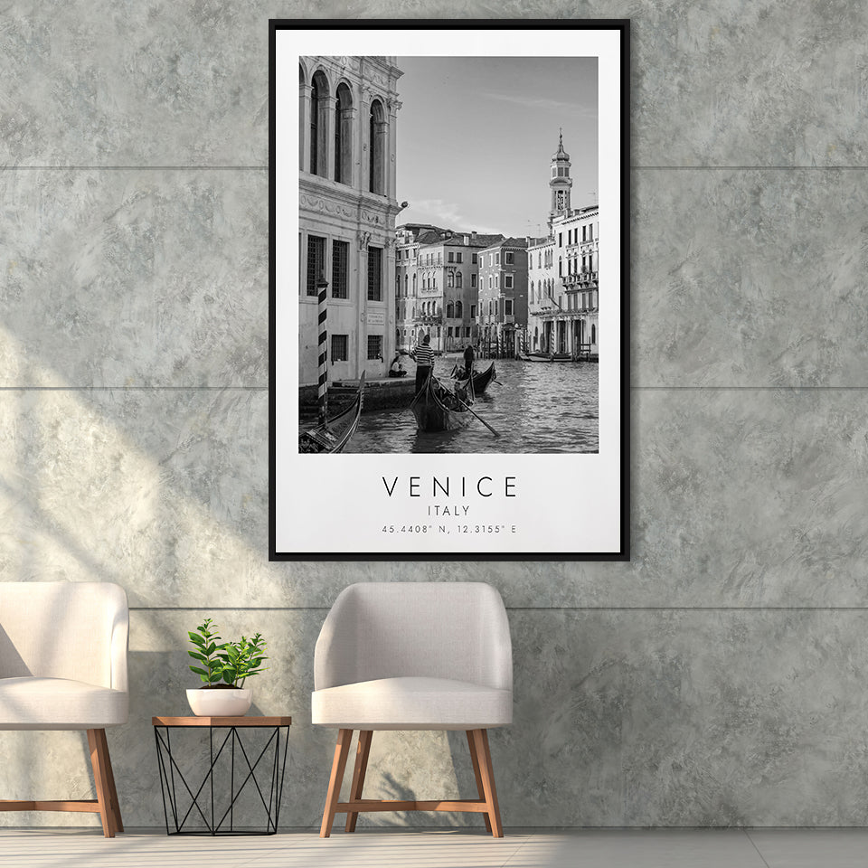 Venice Italy Black And White Art Framed Canvas Prints Wall Art Home Decor, Floating Frame
