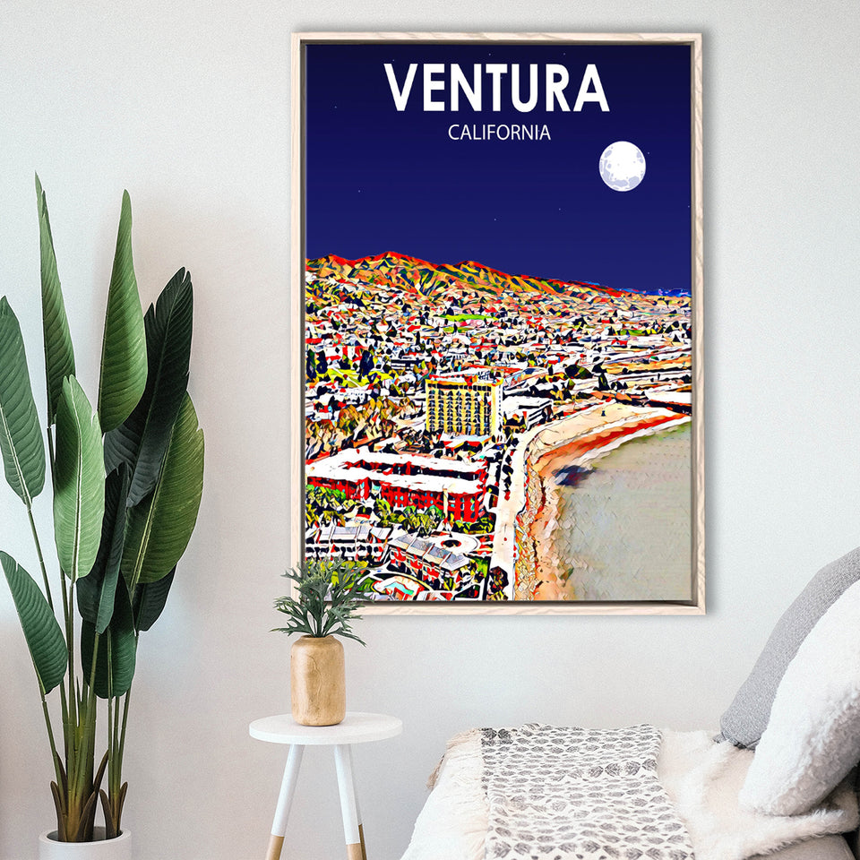 Ventura California Art Night Landscape, Large Canvas, Framed Canvas Print Wall Art Home Decor, Floating Frame
