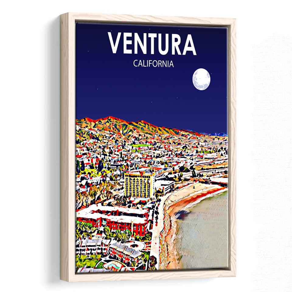 Ventura California Art Night Landscape, Large Canvas, Framed Canvas Print Wall Art Home Decor, Floating Frame