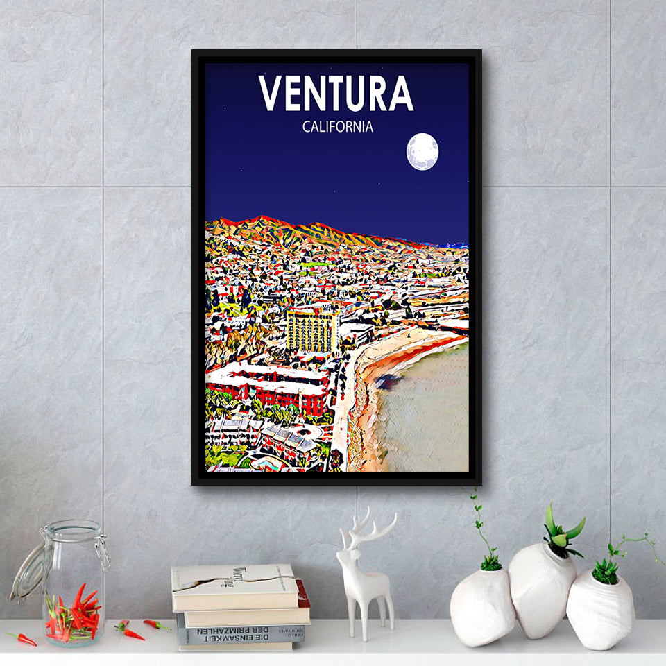 Ventura California Art Night Landscape, Large Canvas, Framed Canvas Print Wall Art Home Decor, Floating Frame