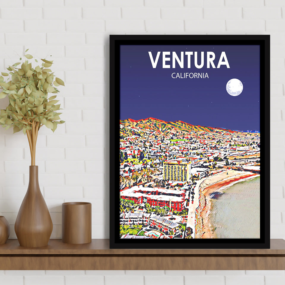 Ventura California Art Night Landscape, Large Canvas, Framed Canvas Print Wall Art Home Decor, Floating Frame