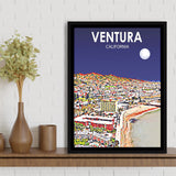 Ventura California Art Night Landscape, Large Canvas, Framed Canvas Print Wall Art Home Decor, Floating Frame