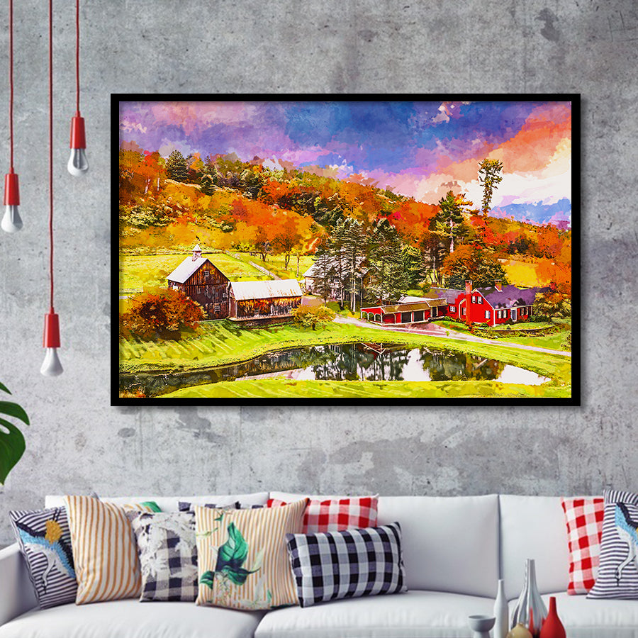 Vermont Usa Early Autumn Rural Scene City Art Watercolor Framed Art Prints Wall Art Decor,Framed Picture