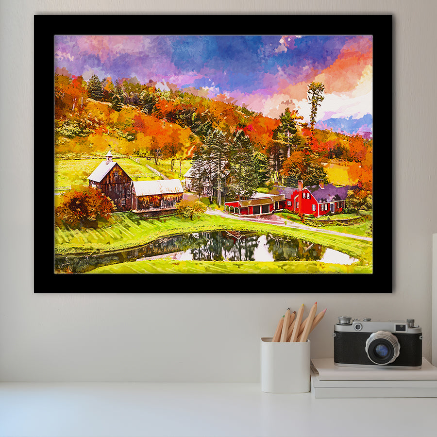 Vermont Usa Early Autumn Rural Scene City Art Watercolor Framed Art Prints Wall Art Decor,Framed Picture