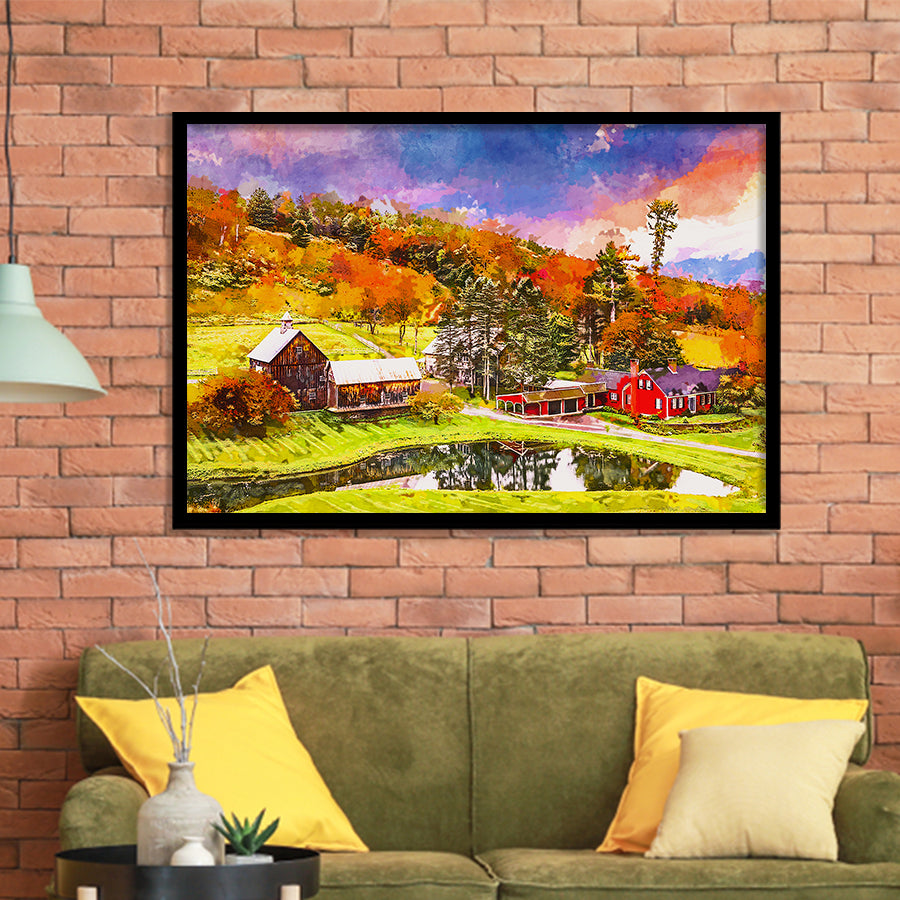 Vermont Usa Early Autumn Rural Scene City Art Watercolor Framed Art Prints Wall Art Decor,Framed Picture