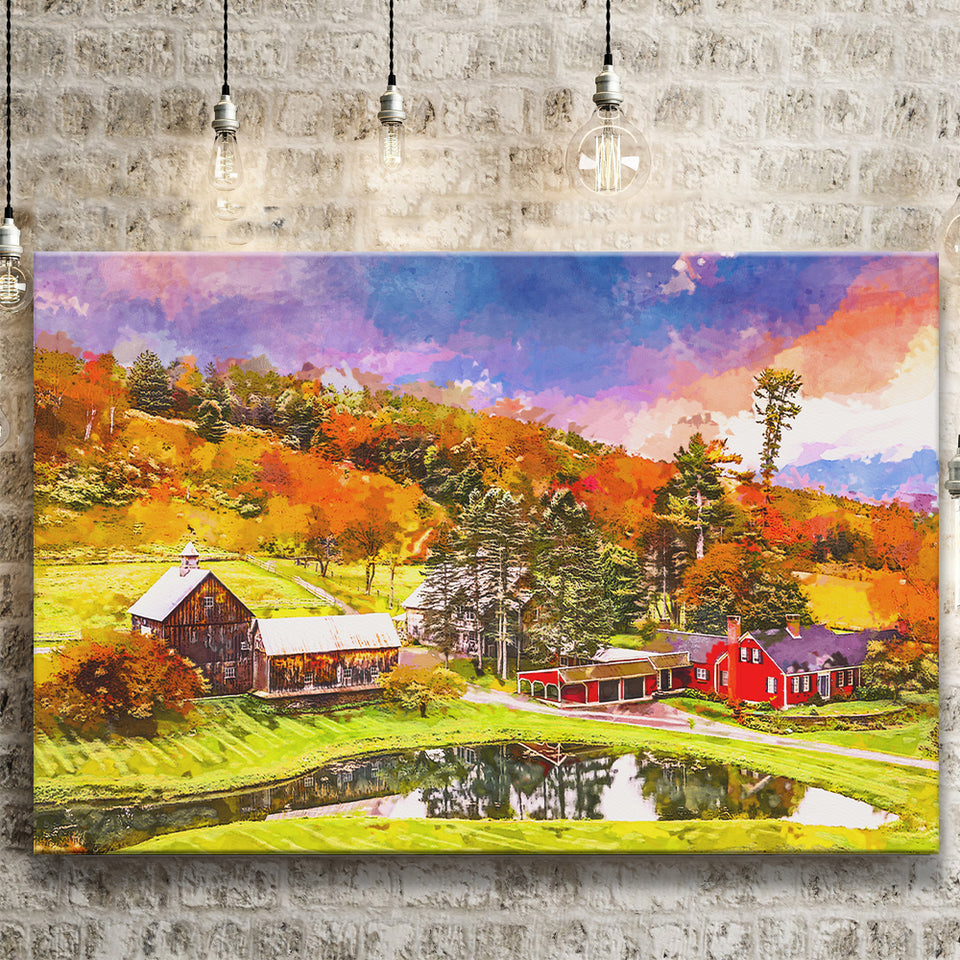 Vermont Usa Early Autumn Rural Scene City Art Watercolor Canvas Prints Wall Art Home Decor, Large Canvas