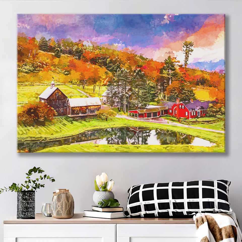 Vermont Usa Early Autumn Rural Scene City Art Watercolor Canvas Prints Wall Art Home Decor, Large Canvas