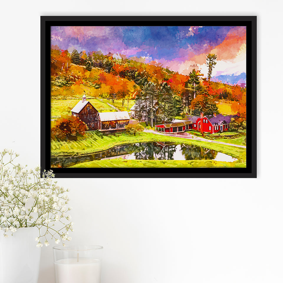 Vermont Usa Early Autumn Rural Scene City Art Watercolor Framed Canvas Prints Wall Art Home Decor,Floating Frame