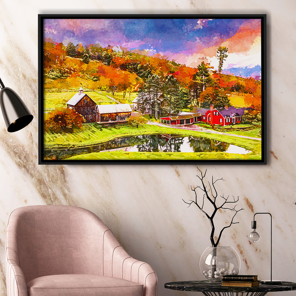 Vermont Usa Early Autumn Rural Scene City Art Watercolor Framed Canvas Prints Wall Art Home Decor,Floating Frame