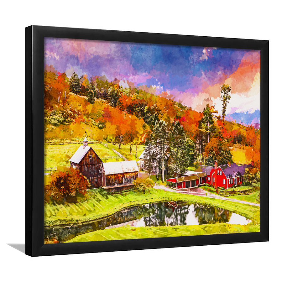 Vermont Usa Early Autumn Rural Scene City Art Watercolor Framed Art Prints Wall Art Decor,Framed Picture