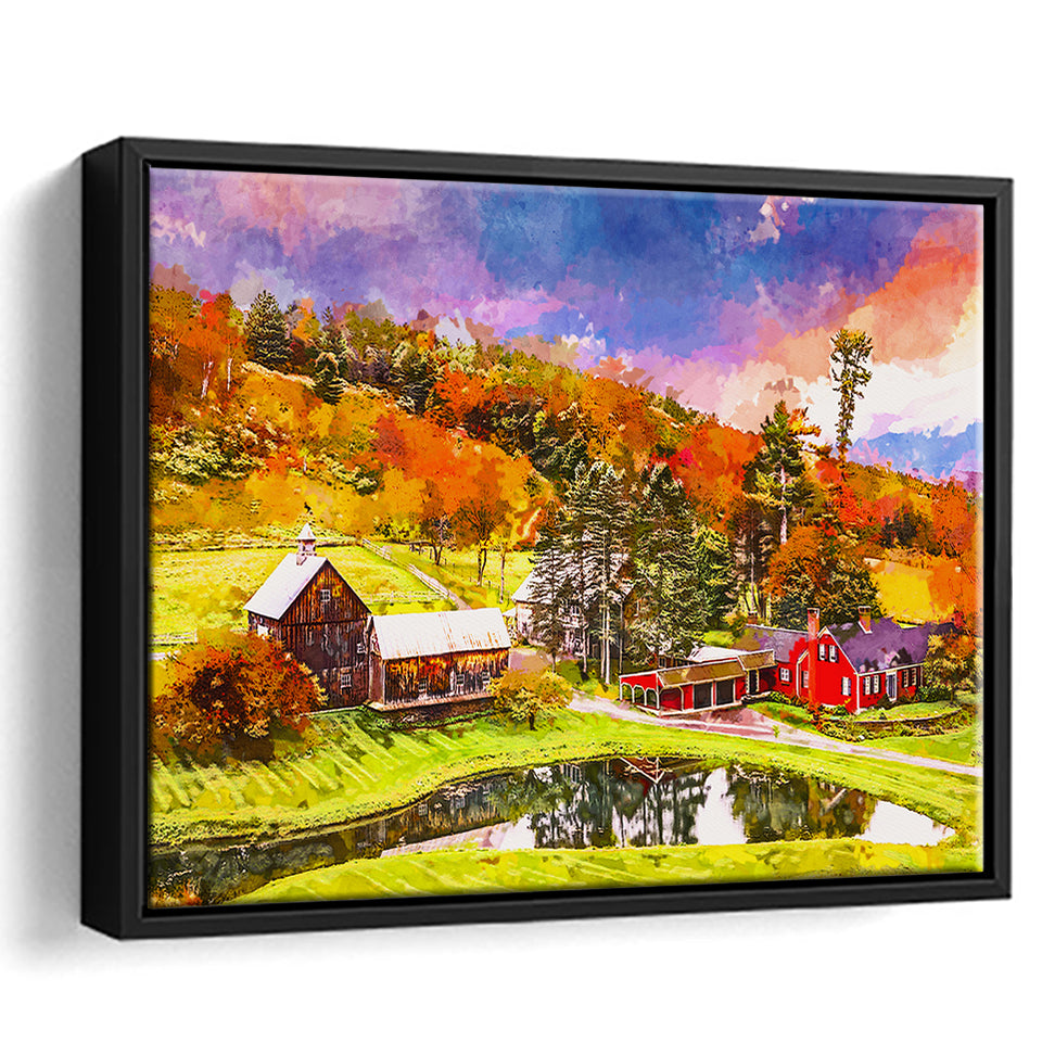 Vermont Usa Early Autumn Rural Scene City Art Watercolor Framed Canvas Prints Wall Art Home Decor,Floating Frame