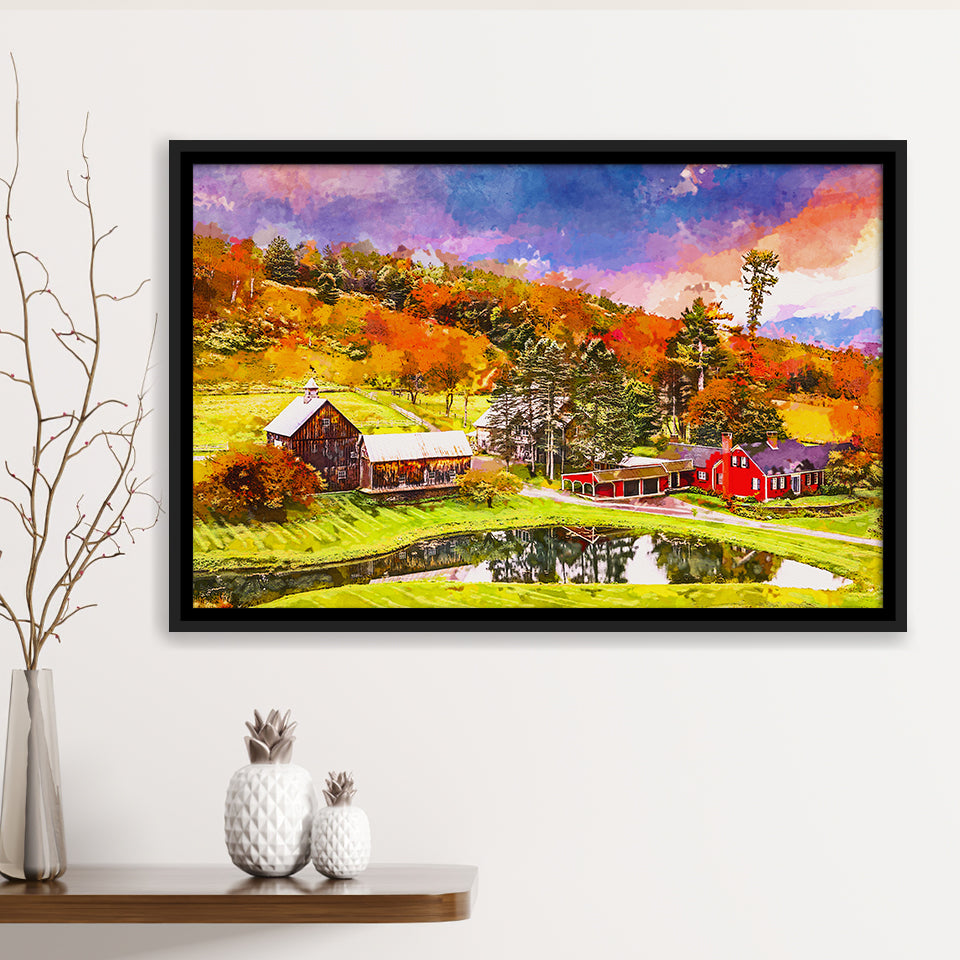 Vermont Usa Early Autumn Rural Scene City Art Watercolor Framed Canvas Prints Wall Art Home Decor,Floating Frame