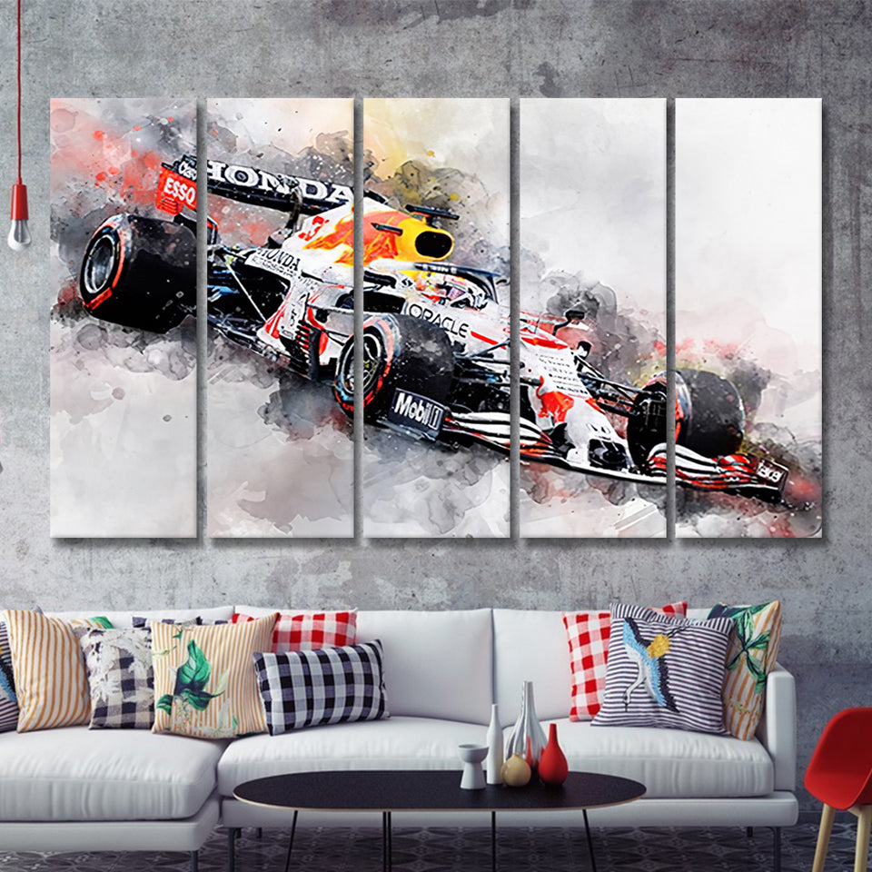 Verstappen 2021 White Car Canvas Print Wall Art F1 Fan Gift 5 Pieces B Canvas Prints Wall Art - Painting Canvas, Multi Panels, Wall Decor
