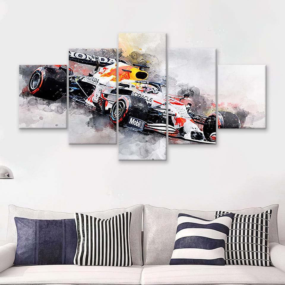 Verstappen 2021 White Car Canvas Print Wall Art F1 Fan Gift 5 Pieces Canvas Prints Wall Art - Painting Canvas, Multi Panels, Wall Decor