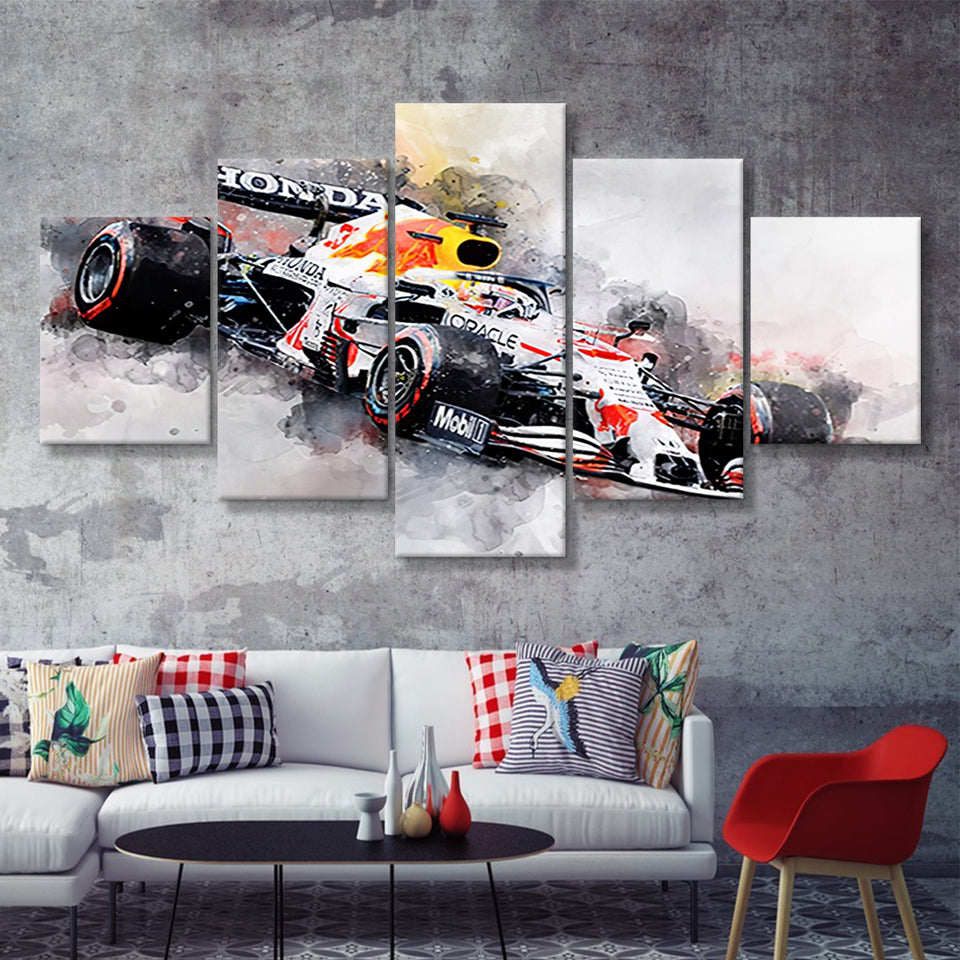 Verstappen 2021 White Car Canvas Print Wall Art F1 Fan Gift 5 Pieces Canvas Prints Wall Art - Painting Canvas, Multi Panels, Wall Decor