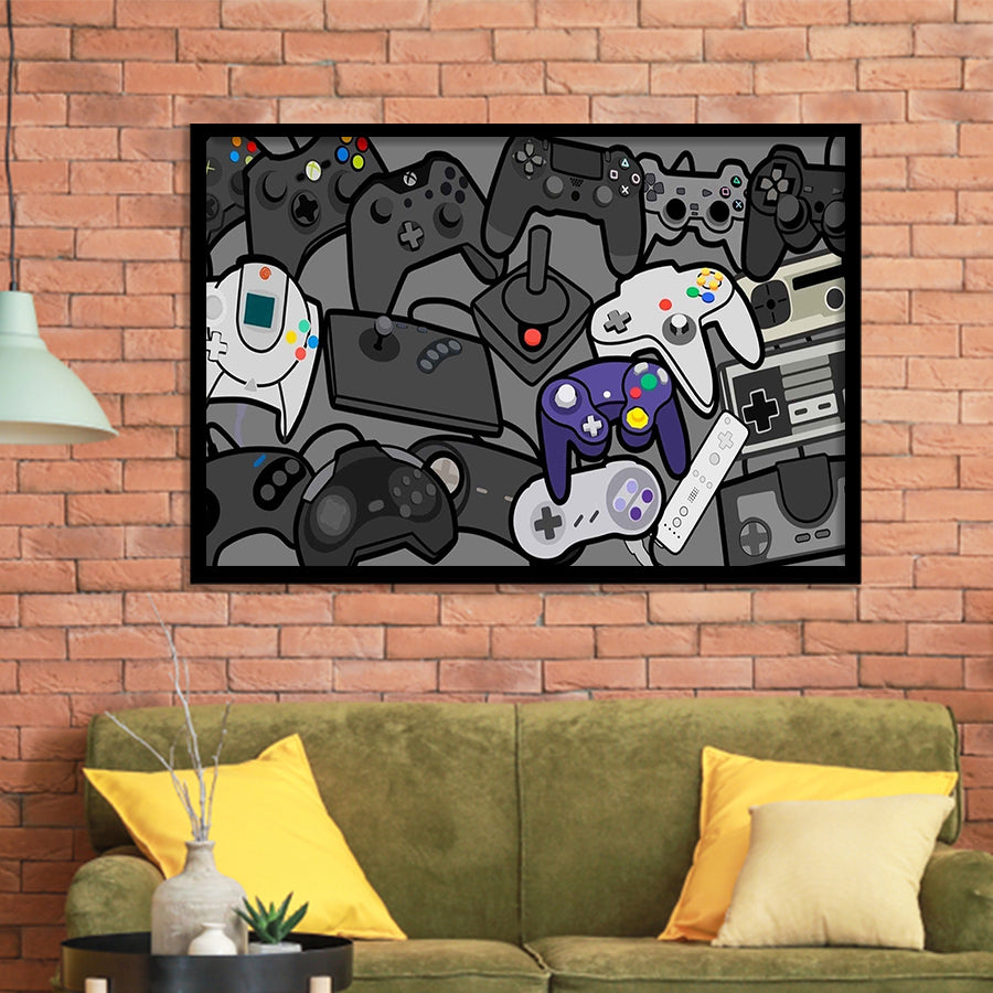 Video Gamer Decor Gamer Controllers Framed Art Print Wall Decor - Painting Art, Framed Picture, Home Decor