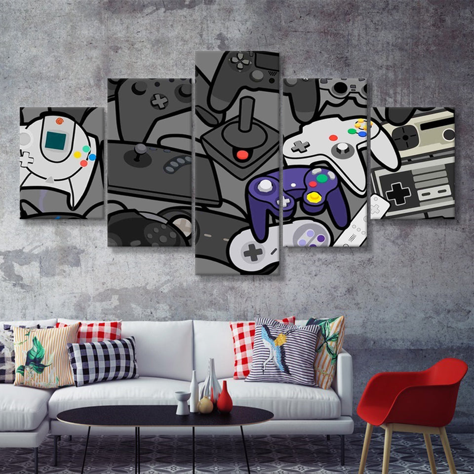 Video Gamer Decor Gamer Controllers 5 Piece Multi Panels Canvas Prints Wall Art - Painting Canvas,Wall Decor