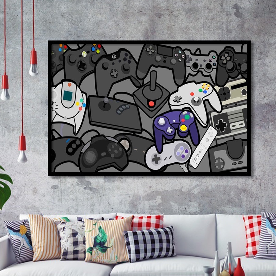 Video Gamer Decor Gamer Controllers Framed Art Print Wall Decor - Painting Art, Framed Picture, Home Decor