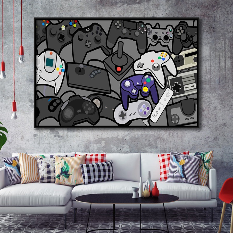 Video Gamer Decor Gamer Controllers Framed Canvas Prints Wall Art - Painting Canvas,Framed Picture,Home Art Wall Decor