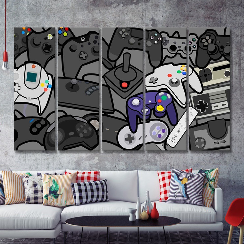 Video Gamer Decor Gamer Controllers 5 Piece B Multi Panels Canvas Prints Wall Art - Painting Canvas,Wall Decor