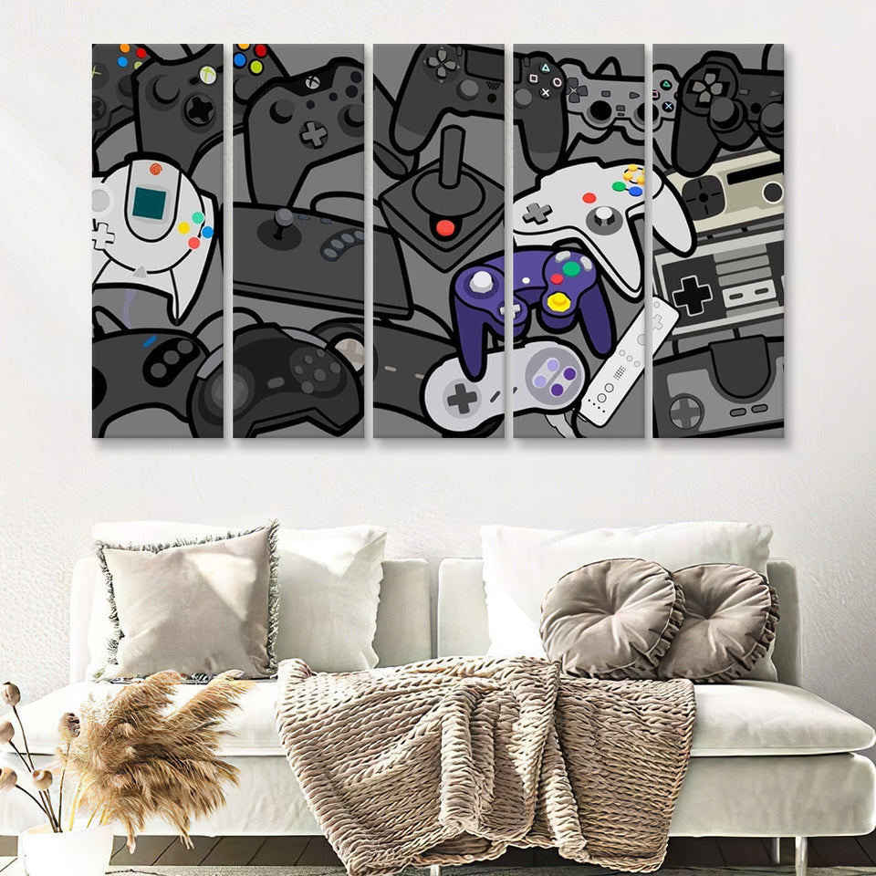 Video Gamer Decor Gamer Controllers 5 Piece B Multi Panels Canvas Prints Wall Art - Painting Canvas,Wall Decor