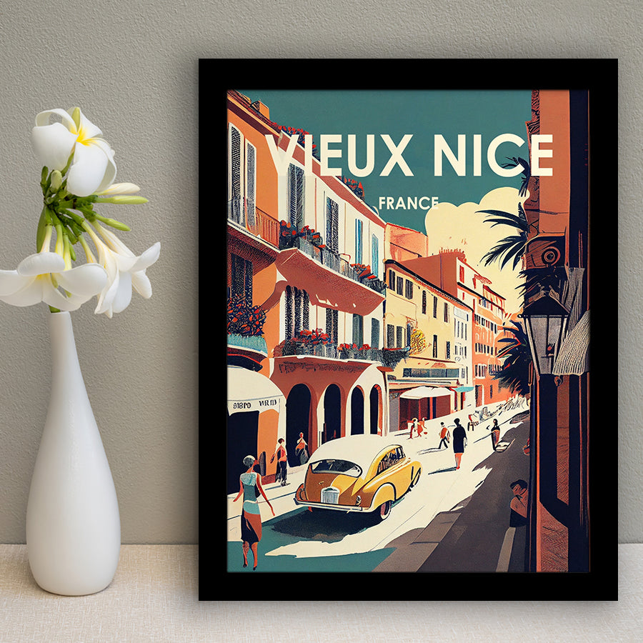 Vieux Nice France Retro Art Print, City Art Print, Framed Art Print Wall Art Home Decor, Framed Picture