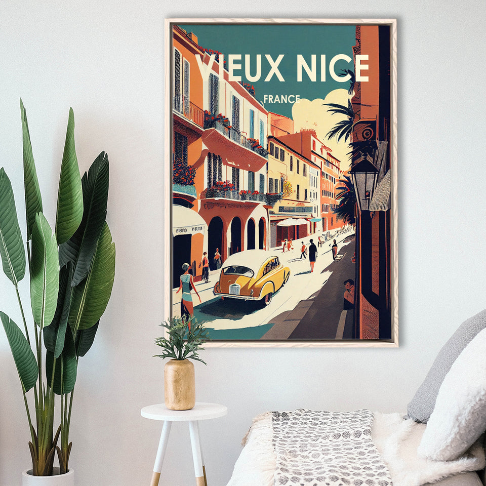 Vieux Nice France Retro Art Print, Large Canvas, Framed Canvas Print Wall Art Home Decor, Floating Frame