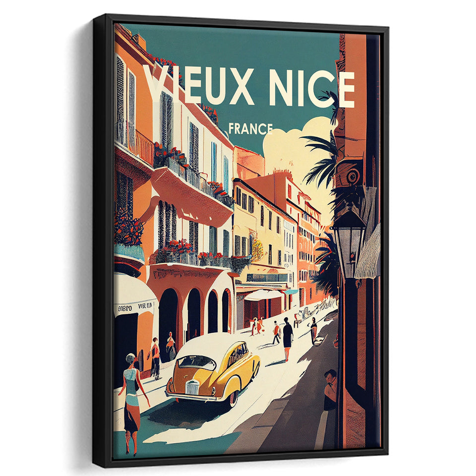 Vieux Nice France Retro Art Print, Large Canvas, Framed Canvas Print Wall Art Home Decor, Floating Frame