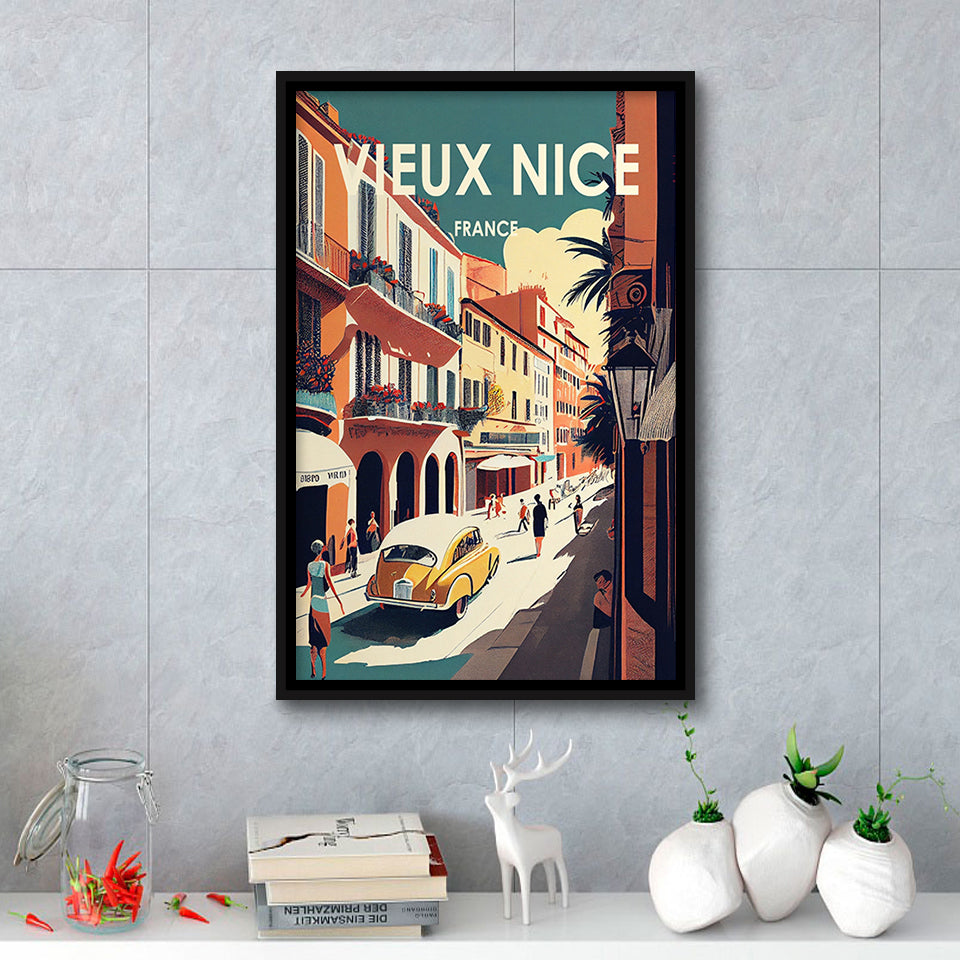 Vieux Nice France Retro Art Print, Large Canvas, Framed Canvas Print Wall Art Home Decor, Floating Frame