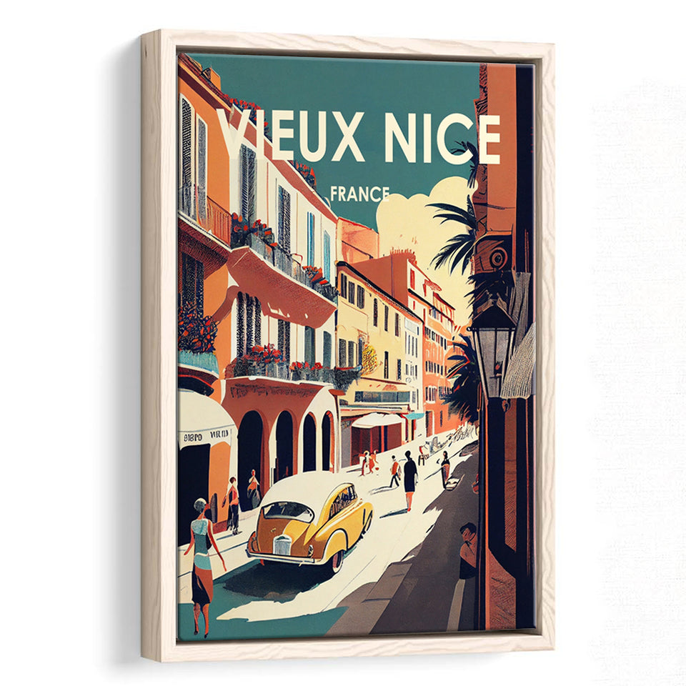 Vieux Nice France Retro Art Print, Large Canvas, Framed Canvas Print Wall Art Home Decor, Floating Frame