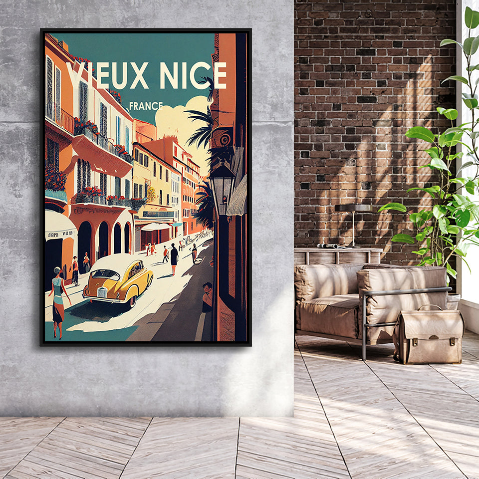Vieux Nice France Retro Art Print, Large Canvas, Framed Canvas Print Wall Art Home Decor, Floating Frame