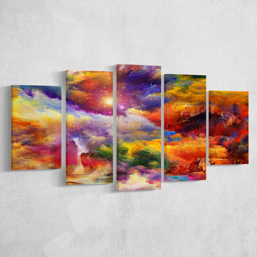 View Of The Rainbow Hilltop Abstract Colourful 5 Piece Canvas Prints Wall Art Decor, Multi Panels, Mixed Canvas