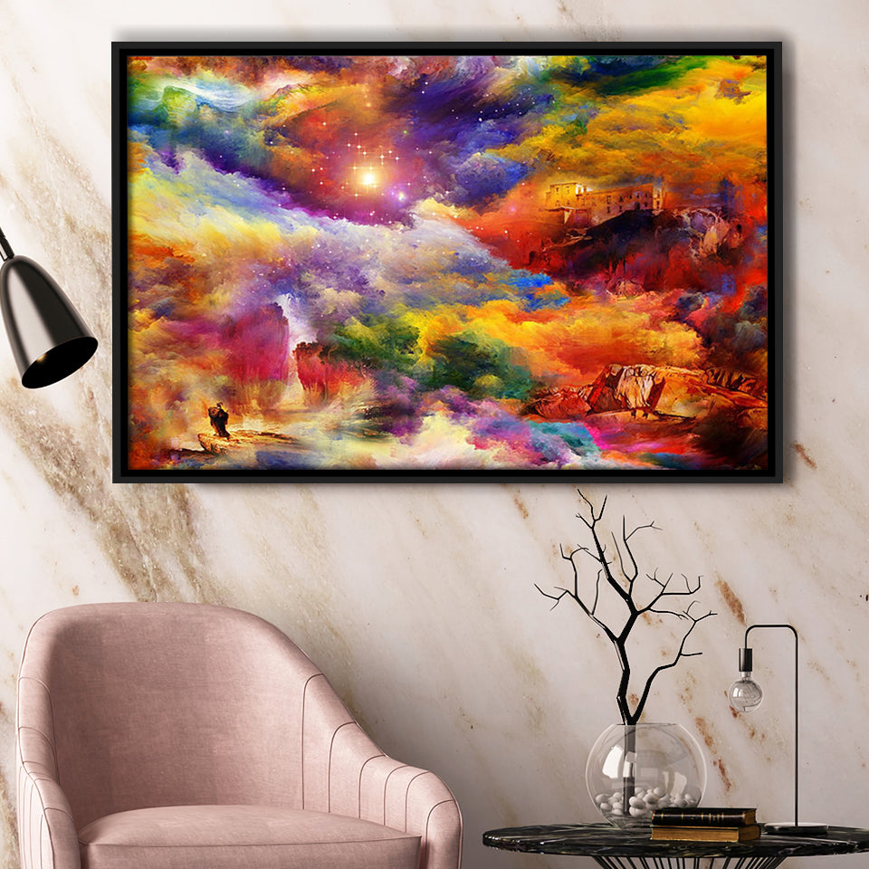 View Of The Rainbow Hilltop Abstract Colourful Framed Canvas Prints Wall Art Decor, Framed Picture, Floating Frame