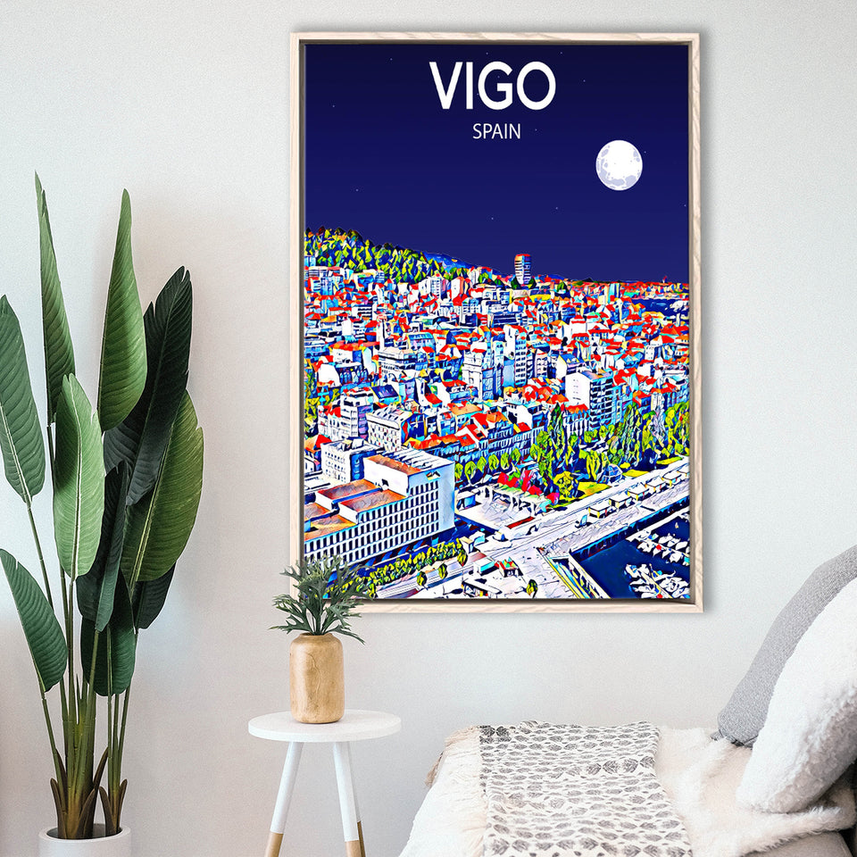 Vigo Spain Art Night Art Print, Large Canvas, Framed Canvas Print Wall Art Home Decor, Floating Frame