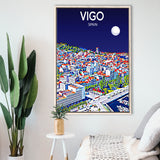 Vigo Spain Art Night Art Print, Large Canvas, Framed Canvas Print Wall Art Home Decor, Floating Frame