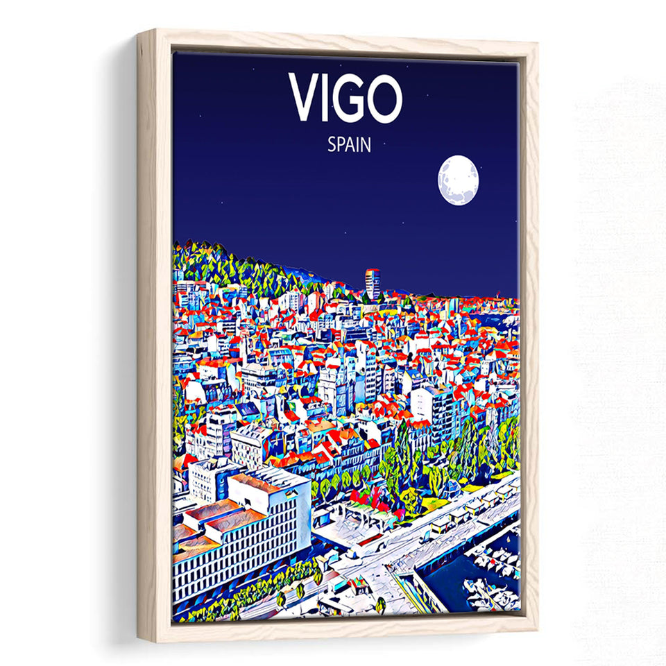 Vigo Spain Art Night Art Print, Large Canvas, Framed Canvas Print Wall Art Home Decor, Floating Frame