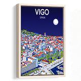 Vigo Spain Art Night Art Print, Large Canvas, Framed Canvas Print Wall Art Home Decor, Floating Frame