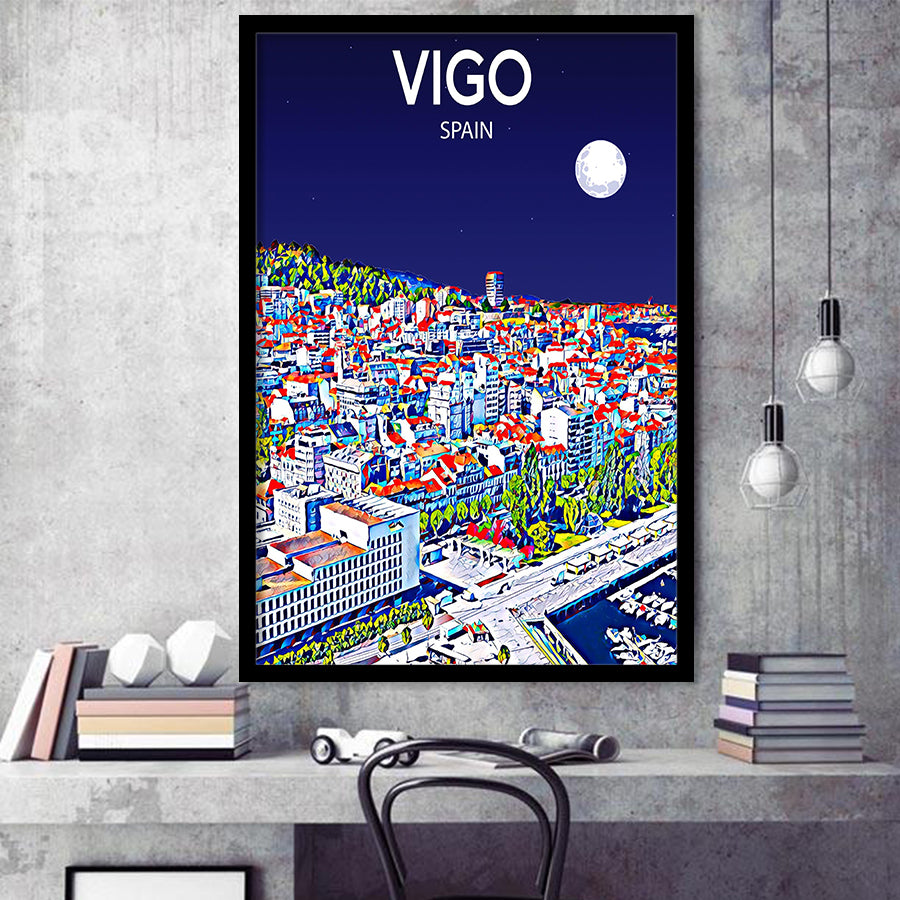 Vigo Spain Art Night Art Print, City Art Print, Framed Art Print Wall Art Home Decor, Framed Picture