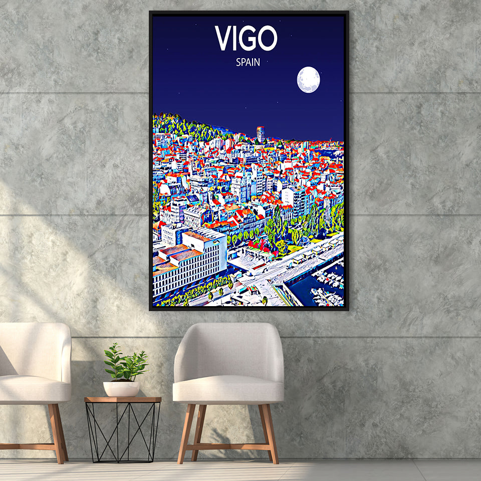Vigo Spain Art Night Art Print, Large Canvas, Framed Canvas Print Wall Art Home Decor, Floating Frame