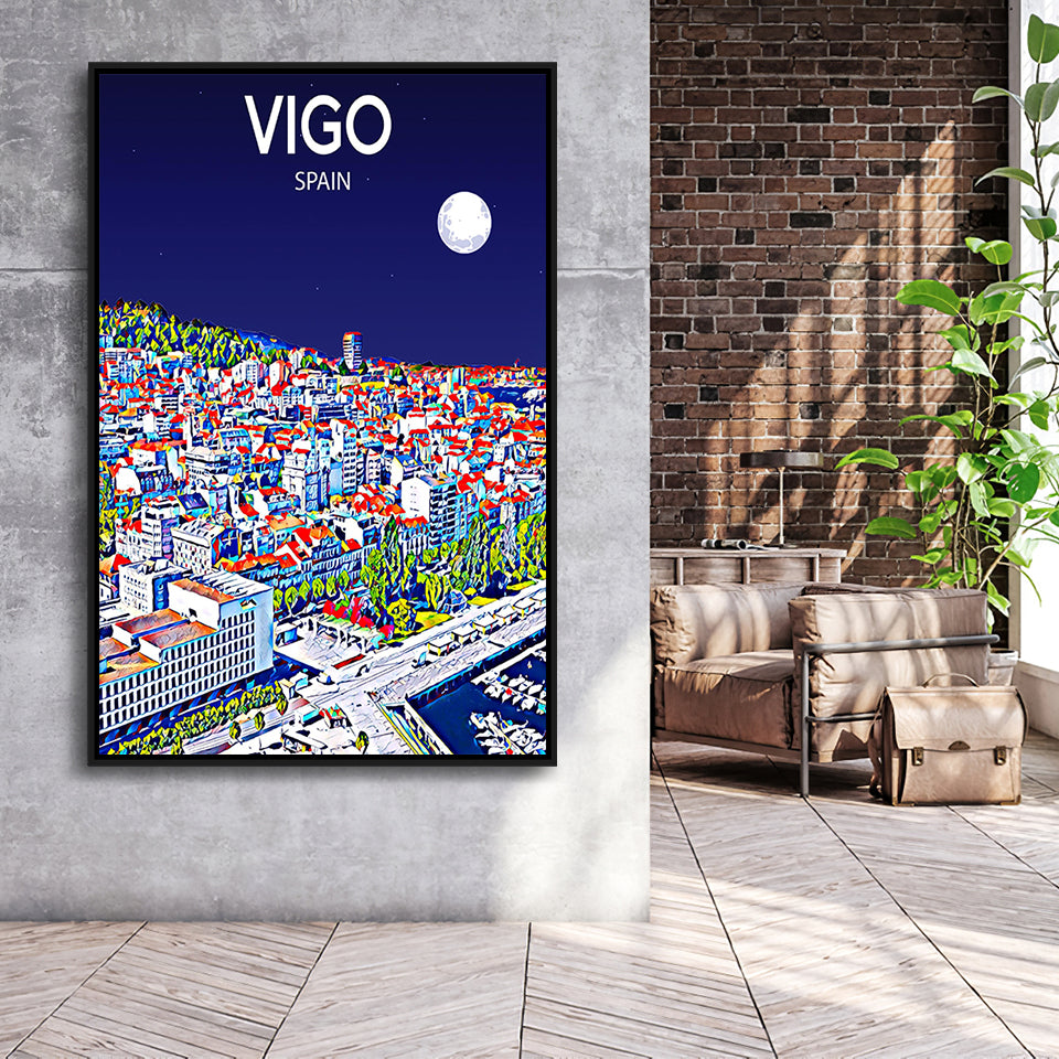 Vigo Spain Art Night Art Print, Large Canvas, Framed Canvas Print Wall Art Home Decor, Floating Frame